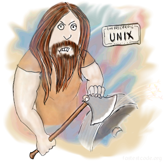 Depiction of an ax-grinding UNIX programmer